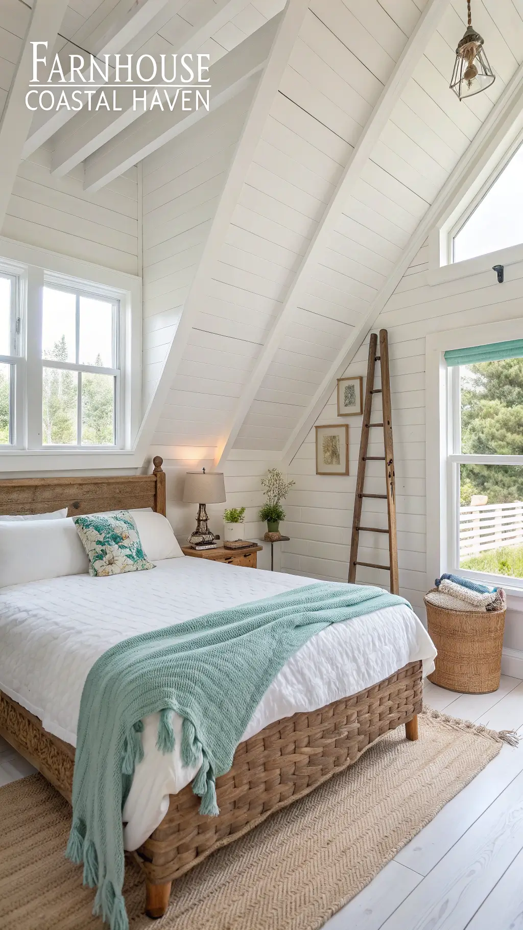 Airy corner bedroom with dual aspect windows, white walls, vaulted ceiling, platform bed made from reclaimed barnwood, woven seagrass headboard, and layered bedding in white, pale aqua, and natural linen with a vintage ladder used as a blanket display