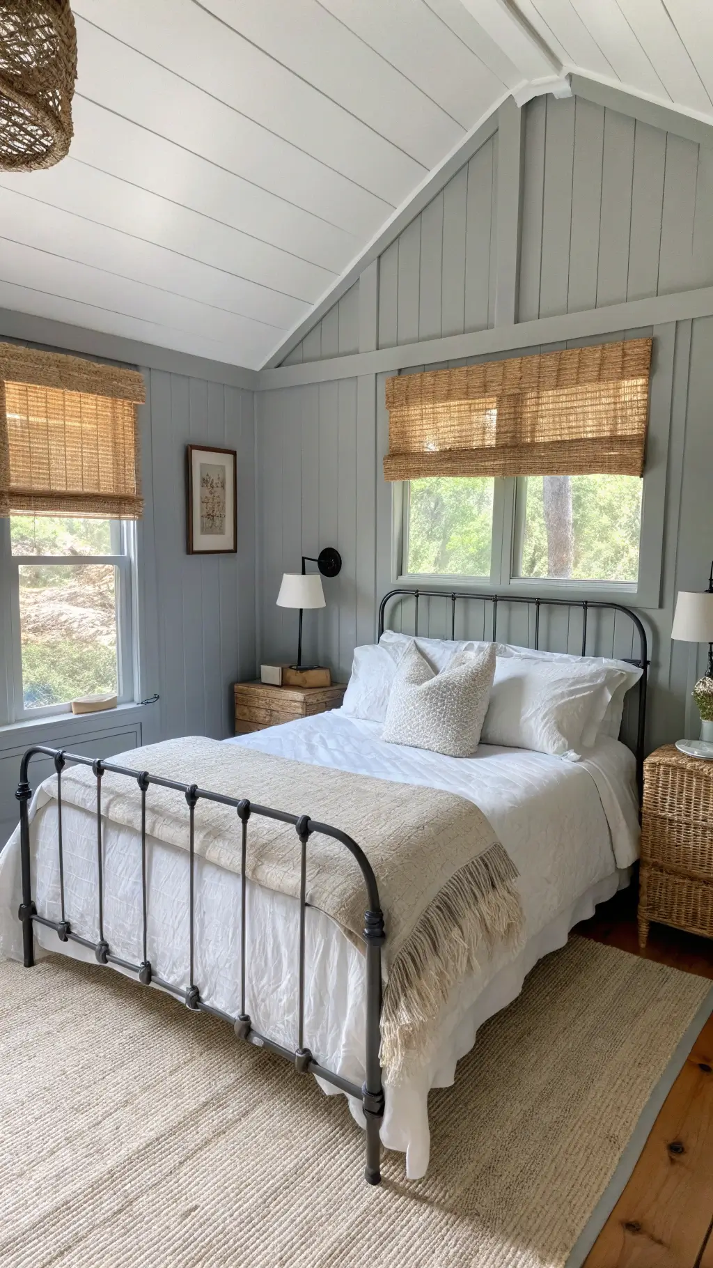 Charming 14x16ft beachy cottage sanctuary with gray board and batten walls, iron bed dressed in white linens, whitewashed oak side tables with rope-wrapped lamps, and a braided jute rug over sisal carpeting lit by diffused afternoon light through bamboo blinds.