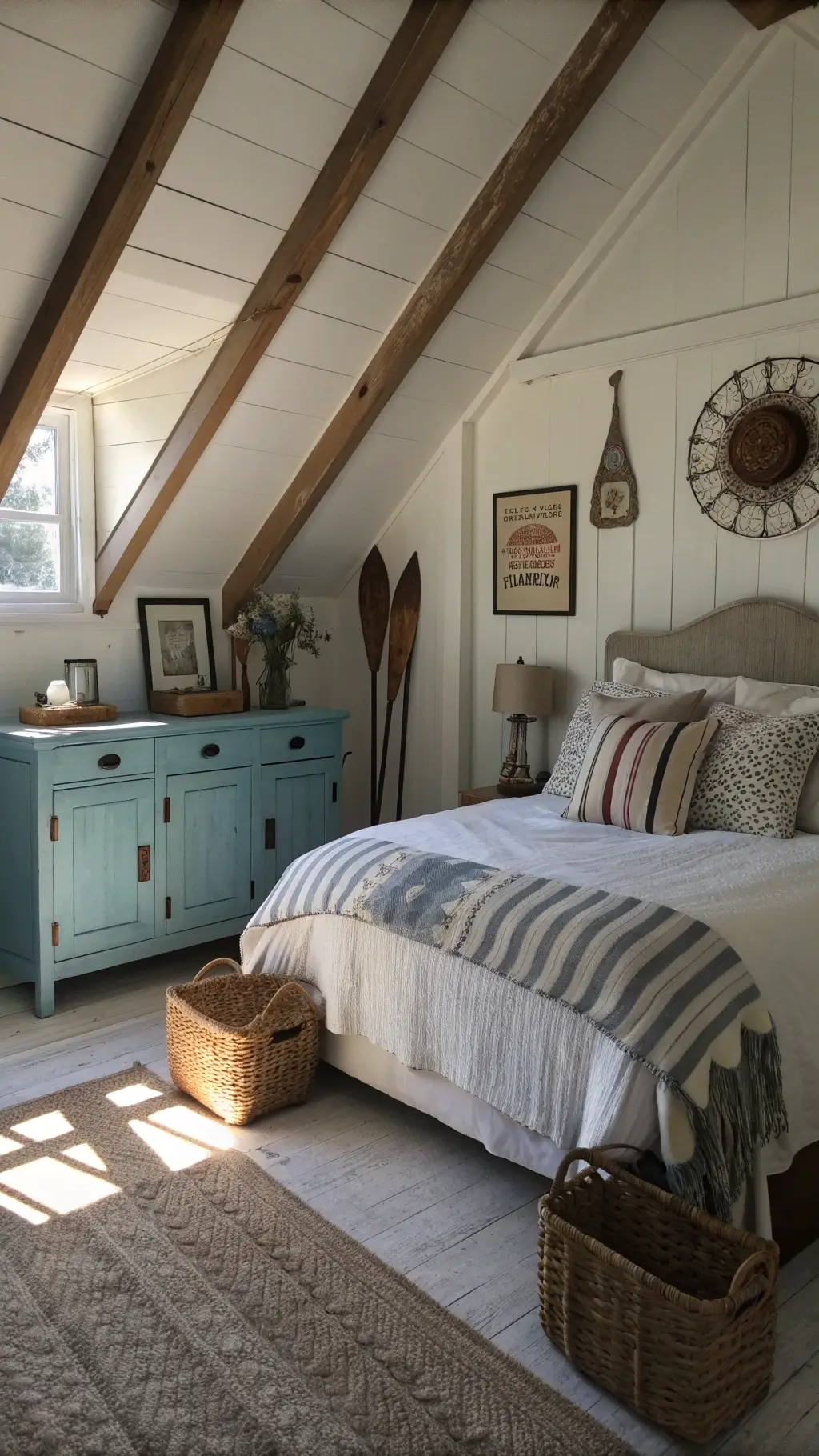 Cozy 12x12ft coastal farmhouse bedroom with exposed rafters, upholstered queen bed styled with striped pillows, distressed blue nightstand, basket and oar decor, and dramatic morning light.