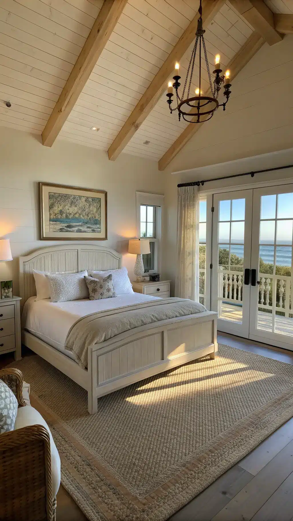 Spacious rustic seaside bedroom with French doors leading to balcony, coastal-inspired artwork on the walls, oak king bed and a cozy reading nook with a seagrass armchair and floor lamp, basked in a warm golden glow.