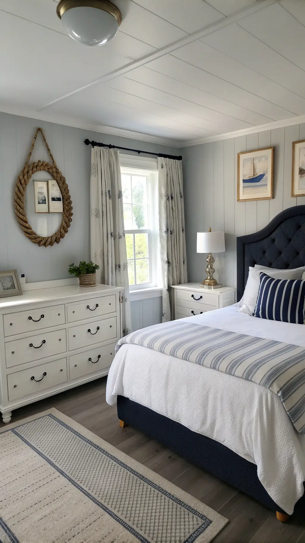 Spacious nautical-themed farmhouse suite featuring pale gray walls, white dresser with brass hardware, navy queen bed, maritime prints, and rope-wrapped mirror, illuminated by soft mid-morning light.