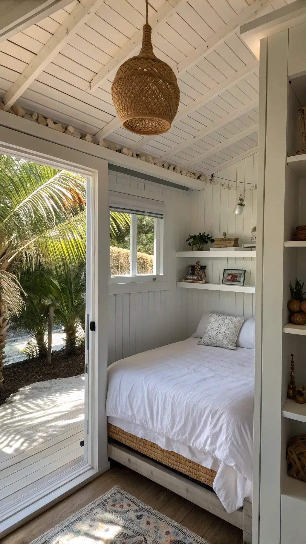 Breezy Beach Bungalow guest room featuring a full bed with white bedding, beadboard ceiling, shells on floating shelves, and a rattan pendant light with natural light shining through palm fronds outside the window.