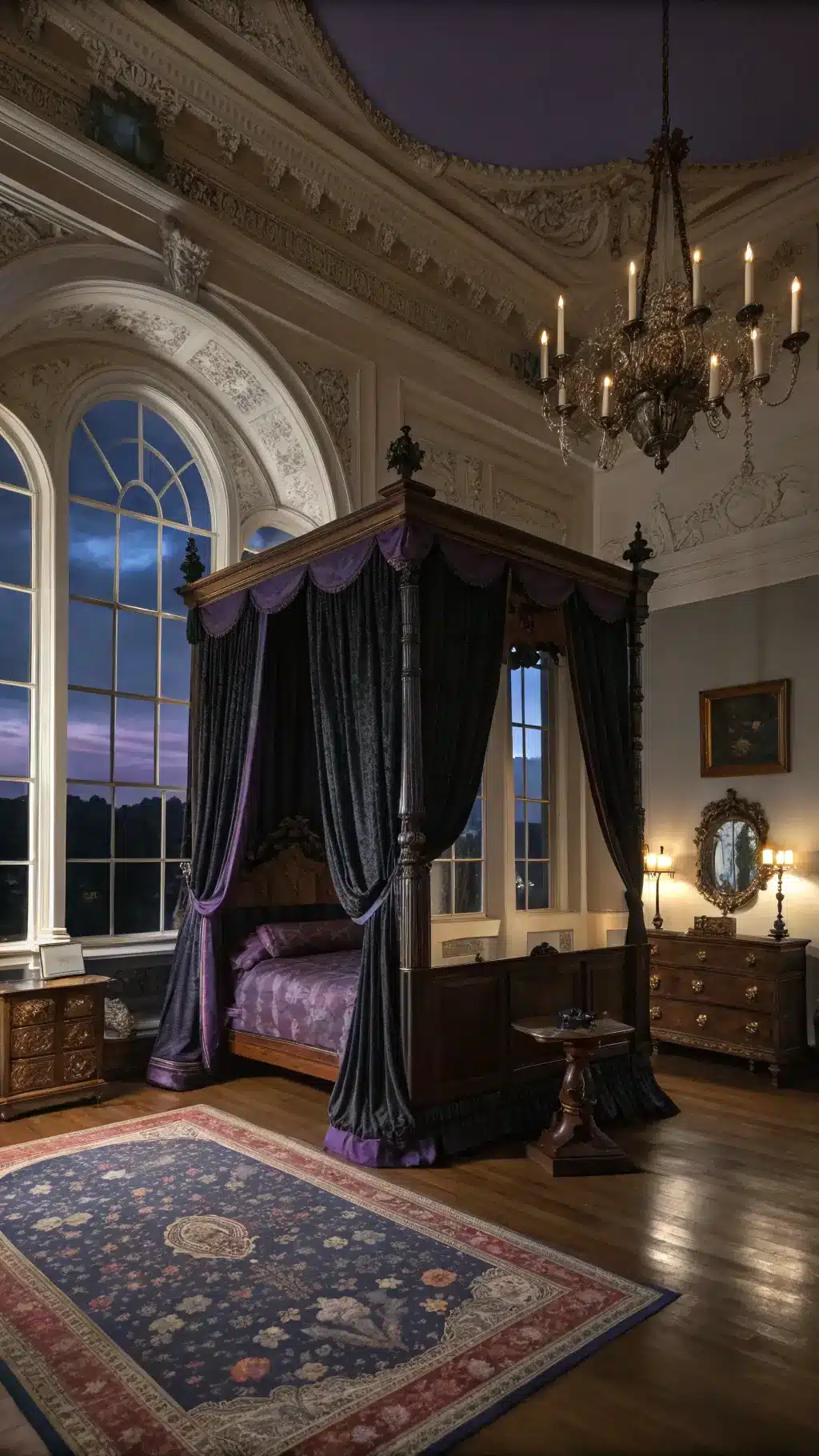 Mysterious, luxuriously decorated Victorian bedroom at dusk, featuring high ornate ceilings, arched windows with black velvet drapes, four-poster mahogany bed, antique candelabras casting shadows, and a richly colored Persian rug.