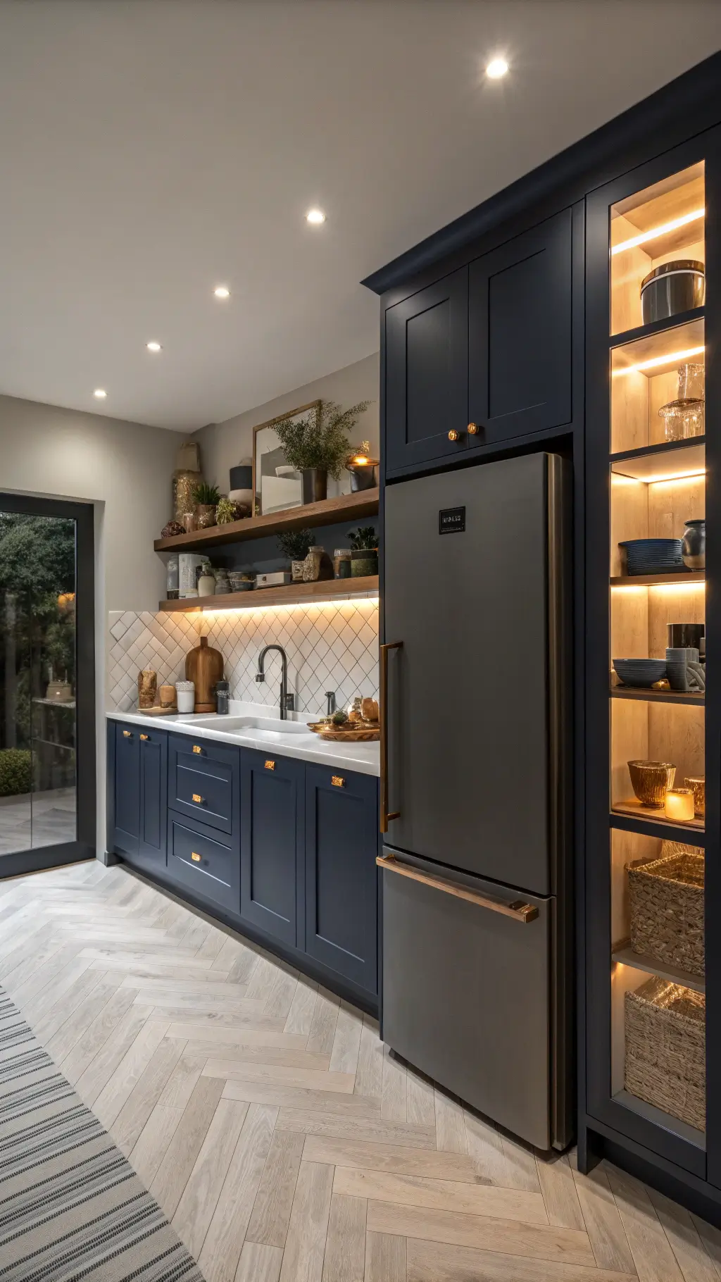 Low angle view of a dusk kitchen scene with navy cabinets, floating wooden shelves displaying artisanal ceramics, smart refrigerator with matte charcoal finish reflecting warm LED under-cabinet lighting, copper and brass accents, and white oak herringbone flooring illuminated by strategic accent lighting for a tech-luxe warmth ambiance.