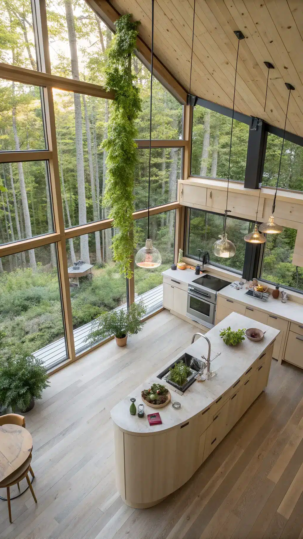 Modern biophilic kitchen with floor-to-ceiling forest view windows, suspended automated herb gardens, bleached maple curved island, and pearl finish smart appliances in soft morning light.