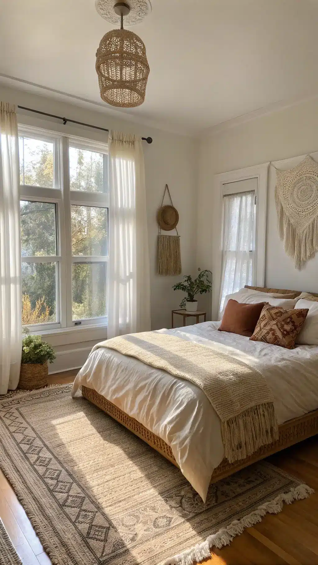 Serene and ethereal sun-drenched bedroom with high ceilings, bay window, beige linen bedding on a rattan platform bed, accented with rust and indigo kilim pillows and a macramé wall hanging over an oversized jute rug.