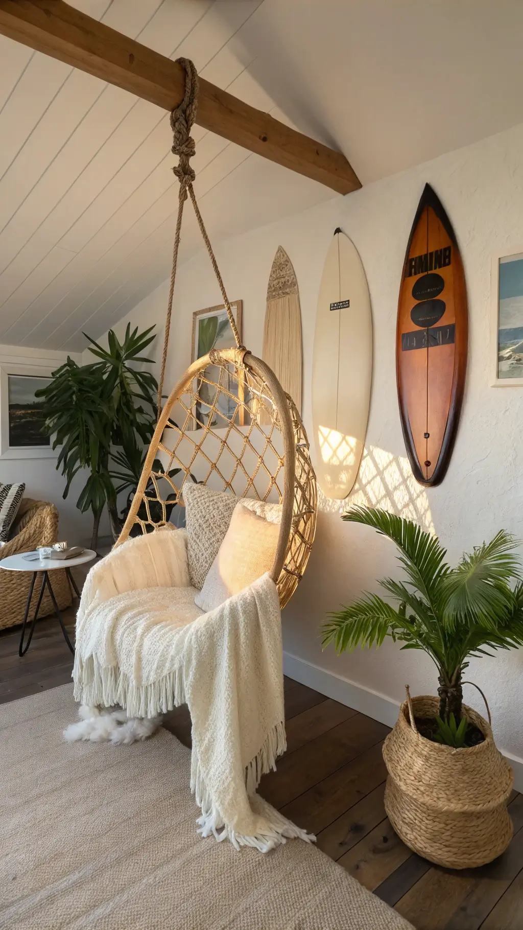 Low angle view of a boho bedroom with hanging rattan chair, vintage surfboard gallery wall, and potted palm bathed in warm golden hour light.