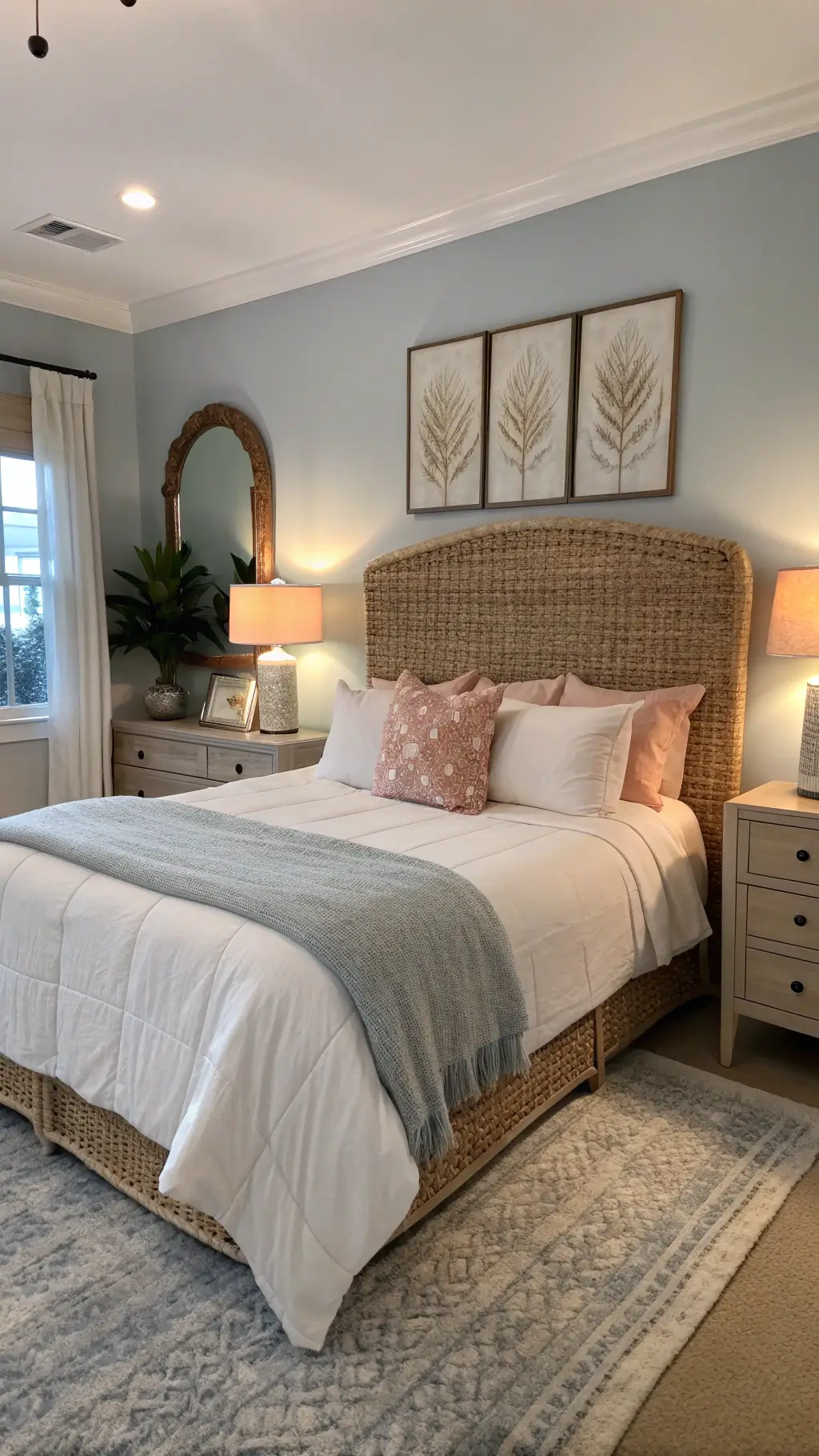 Dramatic high-back woven headboard in a sophisticated beach house themed 15x18ft primary bedroom at dusk, featuring white, cream, blush bedding, an oversized driftwood mirror, and warm lamp light reflection on a pale blue-grey wall.