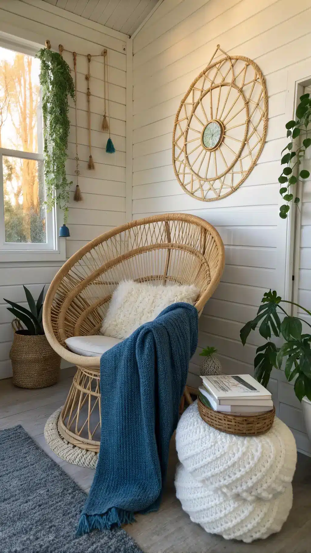 Casual and intentional reading nook with rattan peacock chair, chunky knit pouf, shell wind chimes, and vintage indigo throw in late afternoon sunlight against a white shiplap wall.