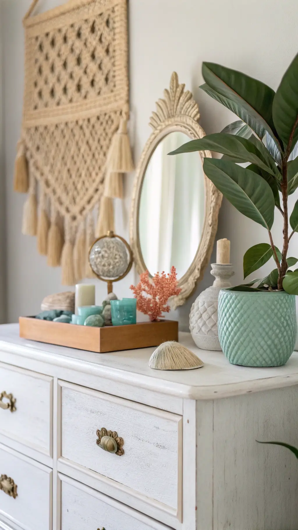 Serene dresser setup with a brass mirror, sea glass tone ceramics, and coral specimens in soft natural light