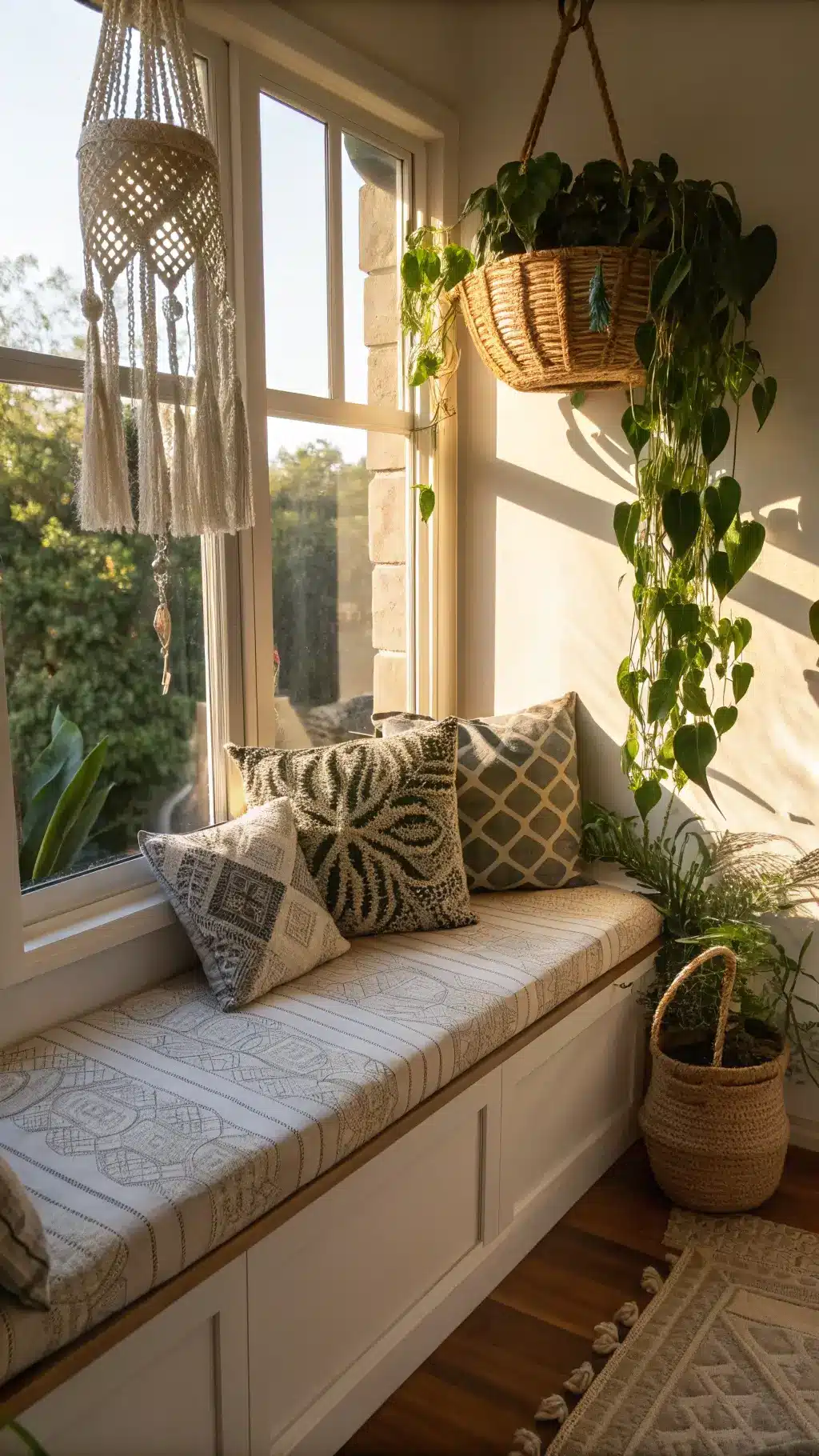 Detail of a window seat bathed in late day sun with natural linen cushion, block print and mudcloth pillows, macramé plant hanger with trailing vine, and interesting shadows from rattan pendant, showcasing casual luxury at a 45 degree angle.