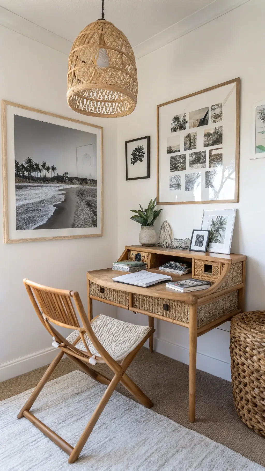 Vintage rattan desk and canvas sling chair in a creative and calm bedroom workspace corner with black and white beach photography gallery wall, highlighted by morning light and a woven pendant lamp.