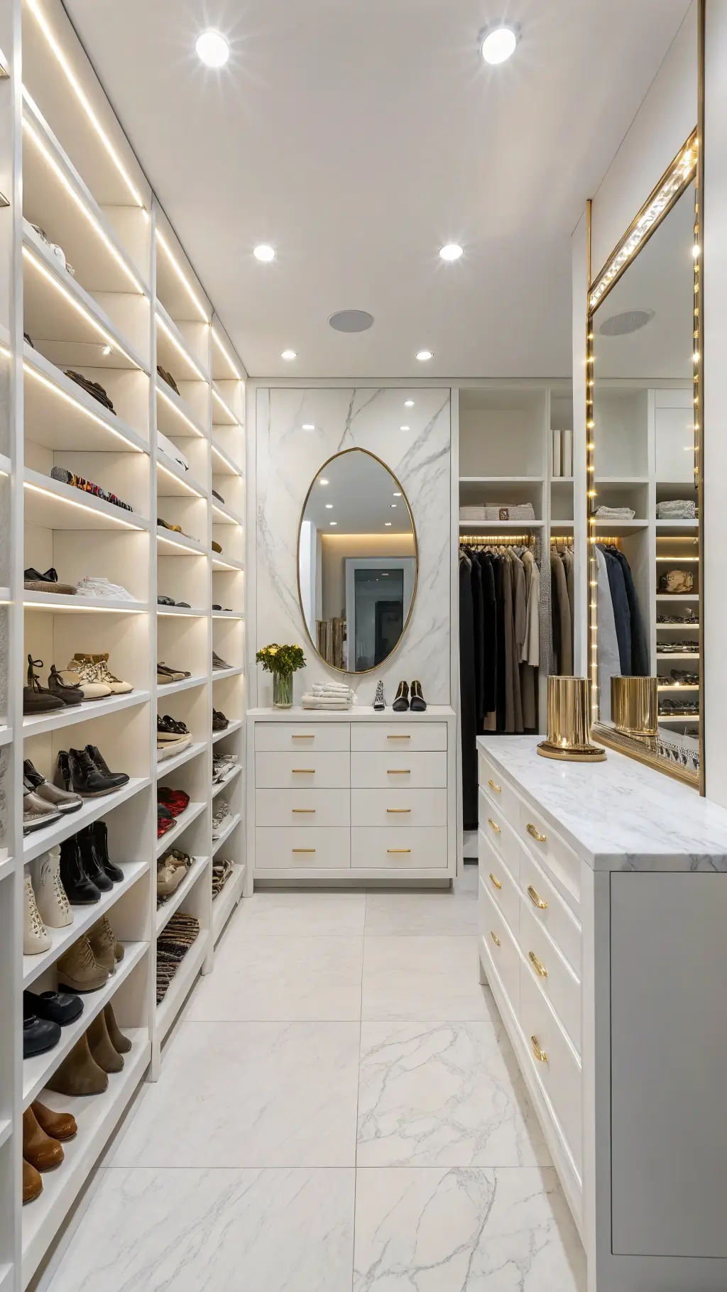 Spacious and minimalist 9'x14' white closet with integrated LED lighting, floating acrylic shoe shelves, a marble island with gold accents, and a backlit oversized round mirror creating an infinity effect, bathed in morning light.