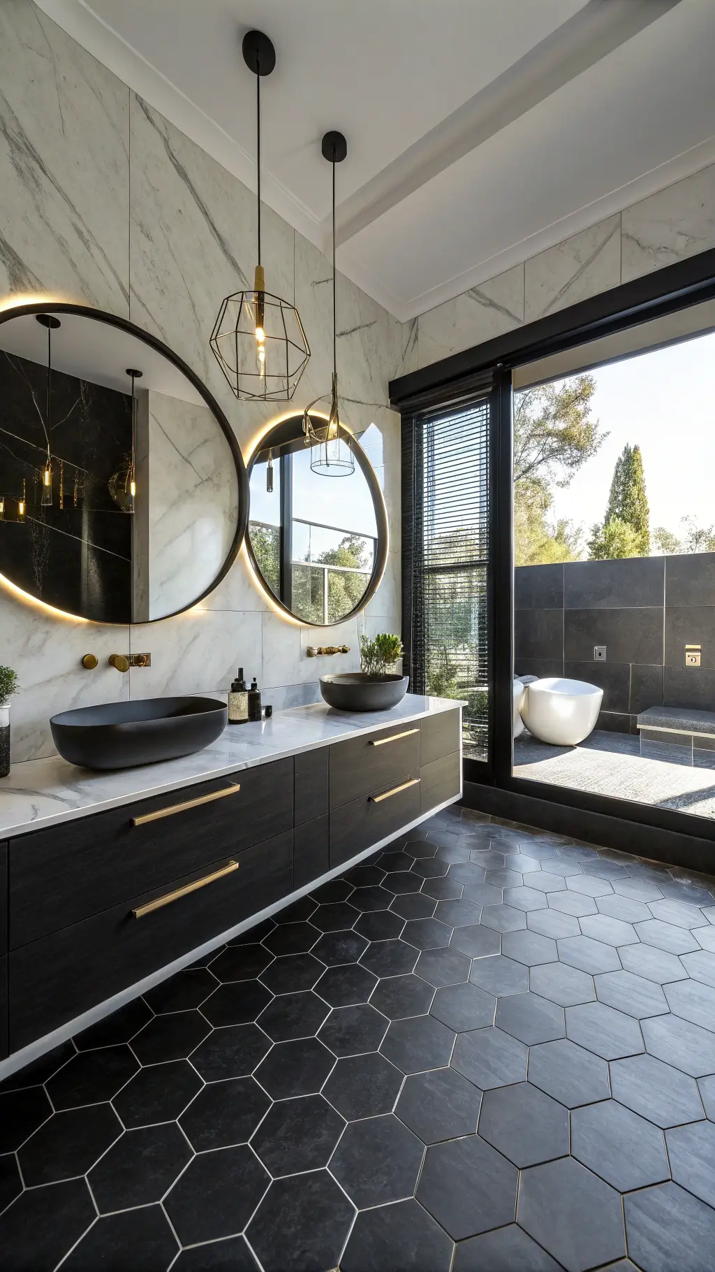 Luxurious modern black bathroom with natural light flooding through a large frosted window, floating double vanity in noir oak with brass hardware, pendant lights in aged brass, and white marble walls with hexagonal black floor tiles.