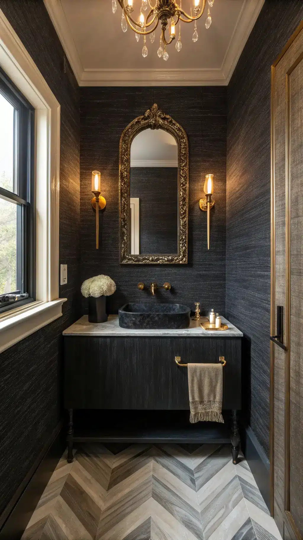 Black grasscloth wallpaper in a 6x8ft powder room with a black stone sink, brushed brass faucet, vintage crystal sconces, an ornate black-framed mirror, and herringbone marble floor in cream and charcoal