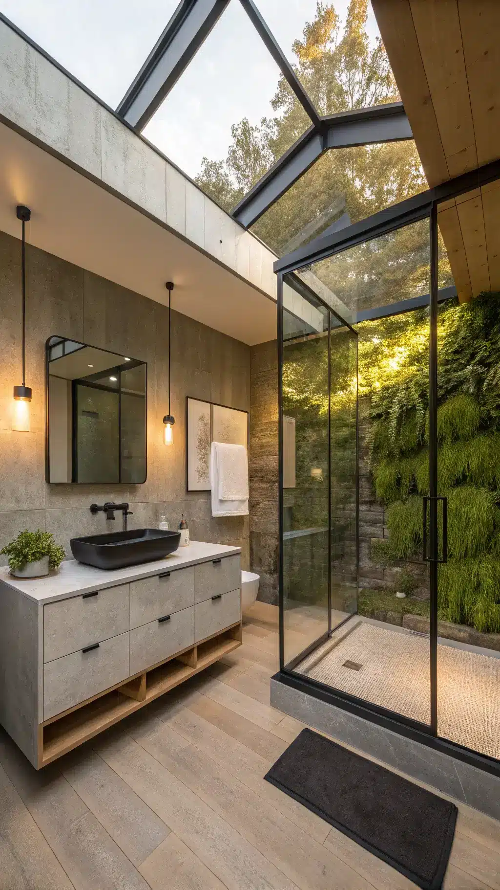 Spa-like black bathroom retreat with steel shower enclosure, floating concrete vanity with a matte basin, light oak flooring, preserved moss wall, and golden light streaming through skylights during evening.