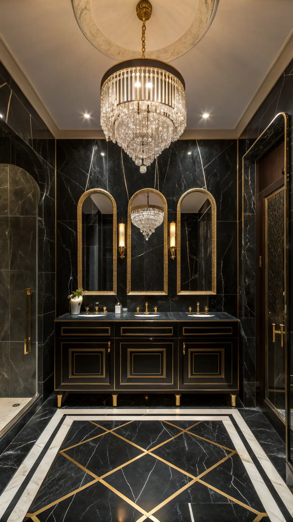Art Deco-inspired glamorous bathroom with black marble walls, gold veining, a crystal chandelier, triptych of arched mirrors above a black vanity, black and white geometric floor pattern, and polished brass fixtures