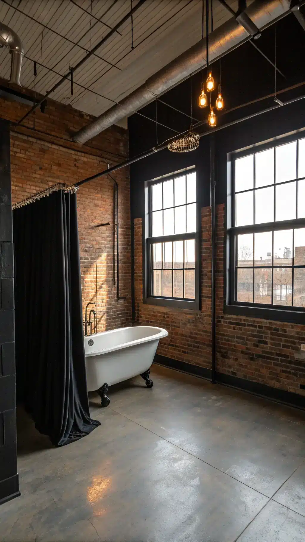 15x20ft converted warehouse bathroom featuring black matte walls, polished concrete floors, black steel-framed shower partition, noir clawfoot tub, Edison bulb chandelier and factory windows filtering afternoon light.