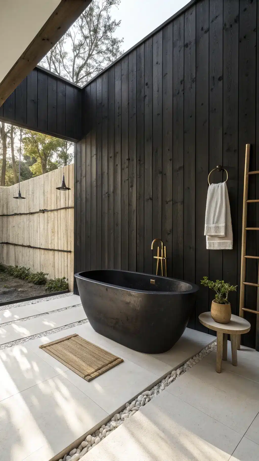 Minimalist black Japanese-style zen bathroom featuring a black soaking tub, charred wood accent wall, and white limestone floors with brass fixtures and bamboo accessories, taken at dawn from a low angle.
