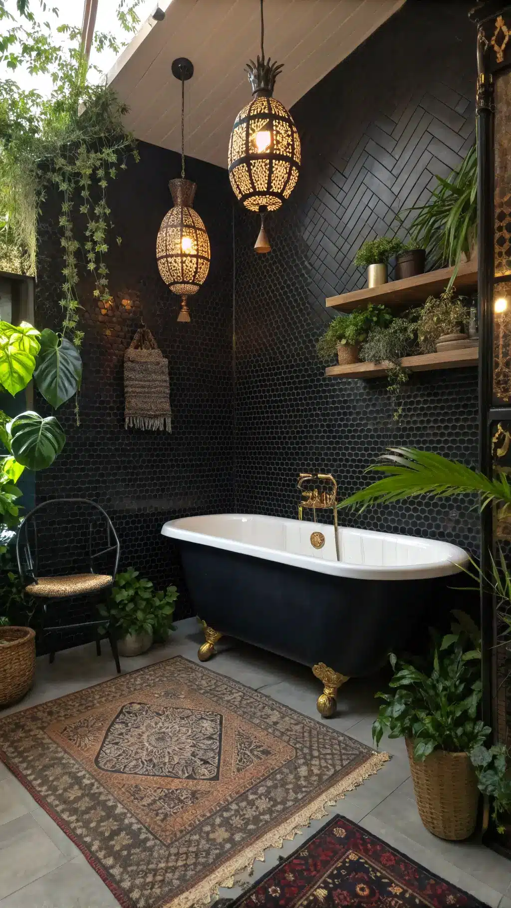 Eclectic bohemian bathroom with black penny tiles, vintage clawfoot tub, Moroccan lanterns, vintage rugs, and plants during golden hour