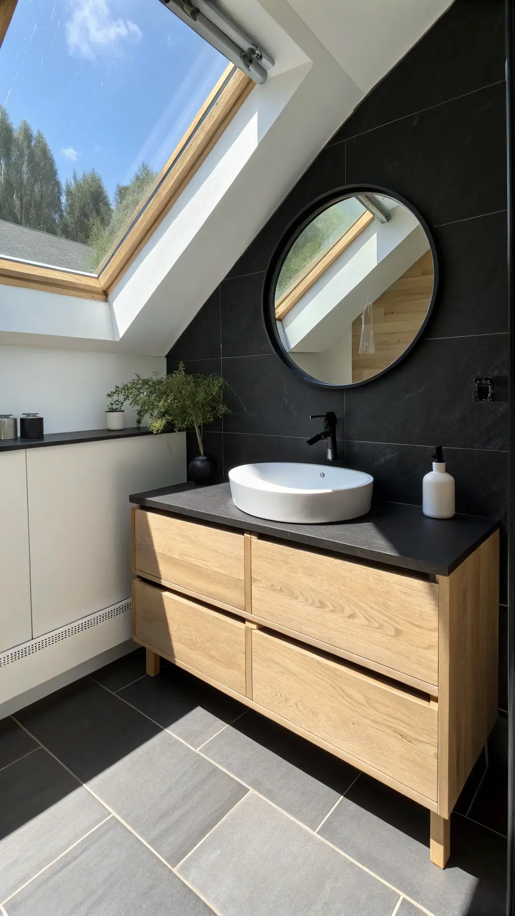 Minimalist Scandinavian bathroom with black accent wall, white oak vanity, black countertop, round mirror and natural skylight