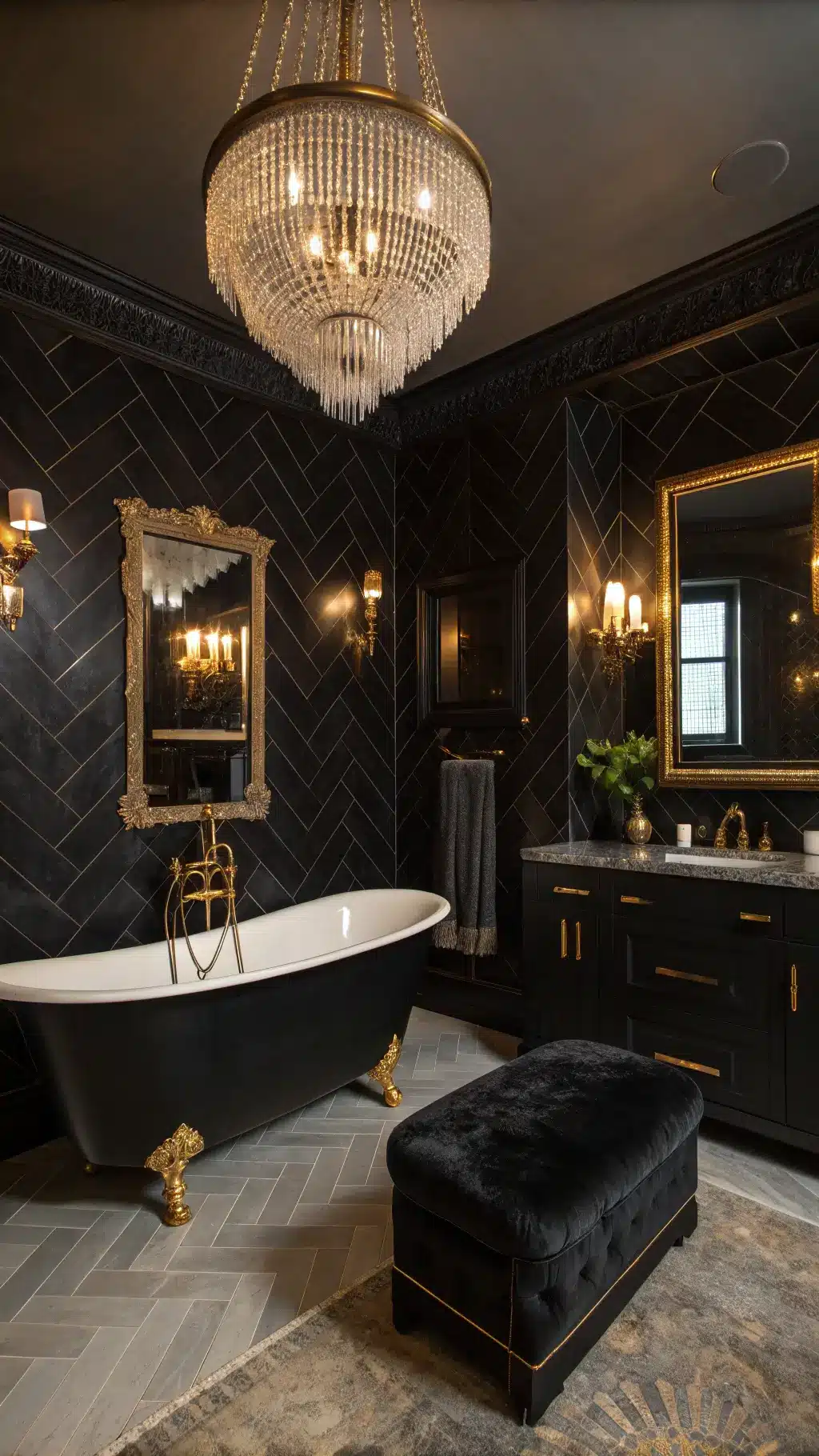 Elegant Gothic Glam Master Bath with black marble walls, crystal chandelier, antique mirrors, freestanding bathtub, and vintage accessories under dramatic lighting