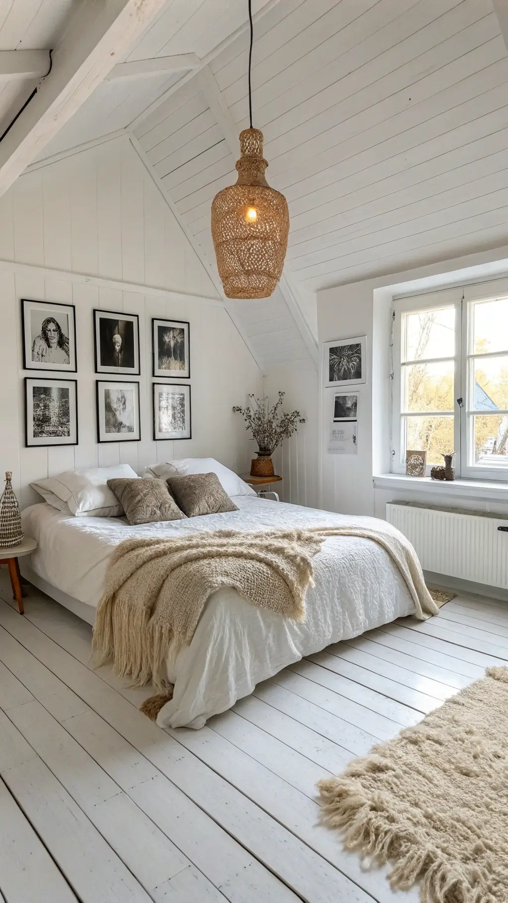Bright and minimalist Scandinavian 13x15ft bedroom with white painted floorboards, natural sheepskin throws, and simple linen bedding. Room features a gallery wall of black and white photography, a pendant light with exposed bulb, and has a clean, airy feel.