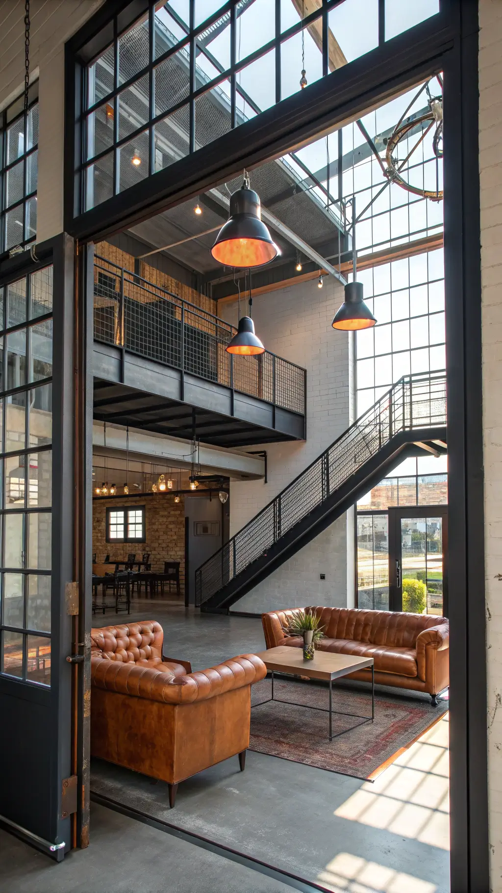 Bright afternoon in a spacious industrial-style room with soaring windows, suspended catwalk, metal pendant lights, vintage leather, and industrial metal seating around a concrete coffee table, shot through a doorway frame in warm greys, rusted orange, deep brown, and gunmetal colors.