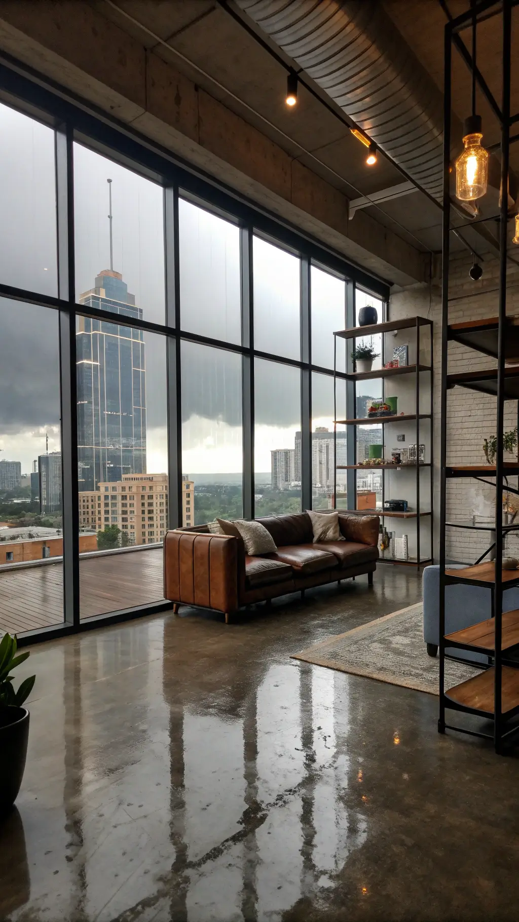 A rain-washed urban loft with floor-to-ceiling windows offering a city view, polished concrete floors reflecting the moody sky, mixed seating of leather, canvas, and metal, suspended industrial shelves with copper accents, and dramatic side lighting highlighting textures. The color palette features storm grey, copper, deep navy, and weathered brown.
