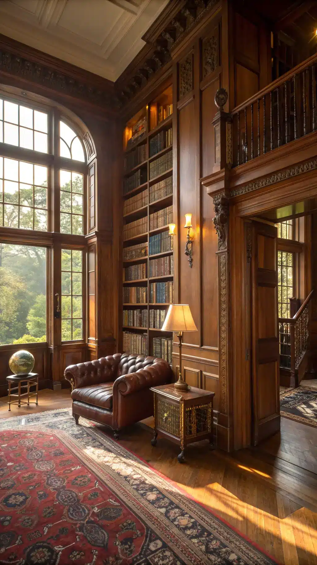 Golden hour sunlight bathing a wood-paneled study with leather-bound books on mahogany shelves, a vintage cognac brown Chesterfield armchair, a brass lamp, and a Persian rug in burgundy and navy.