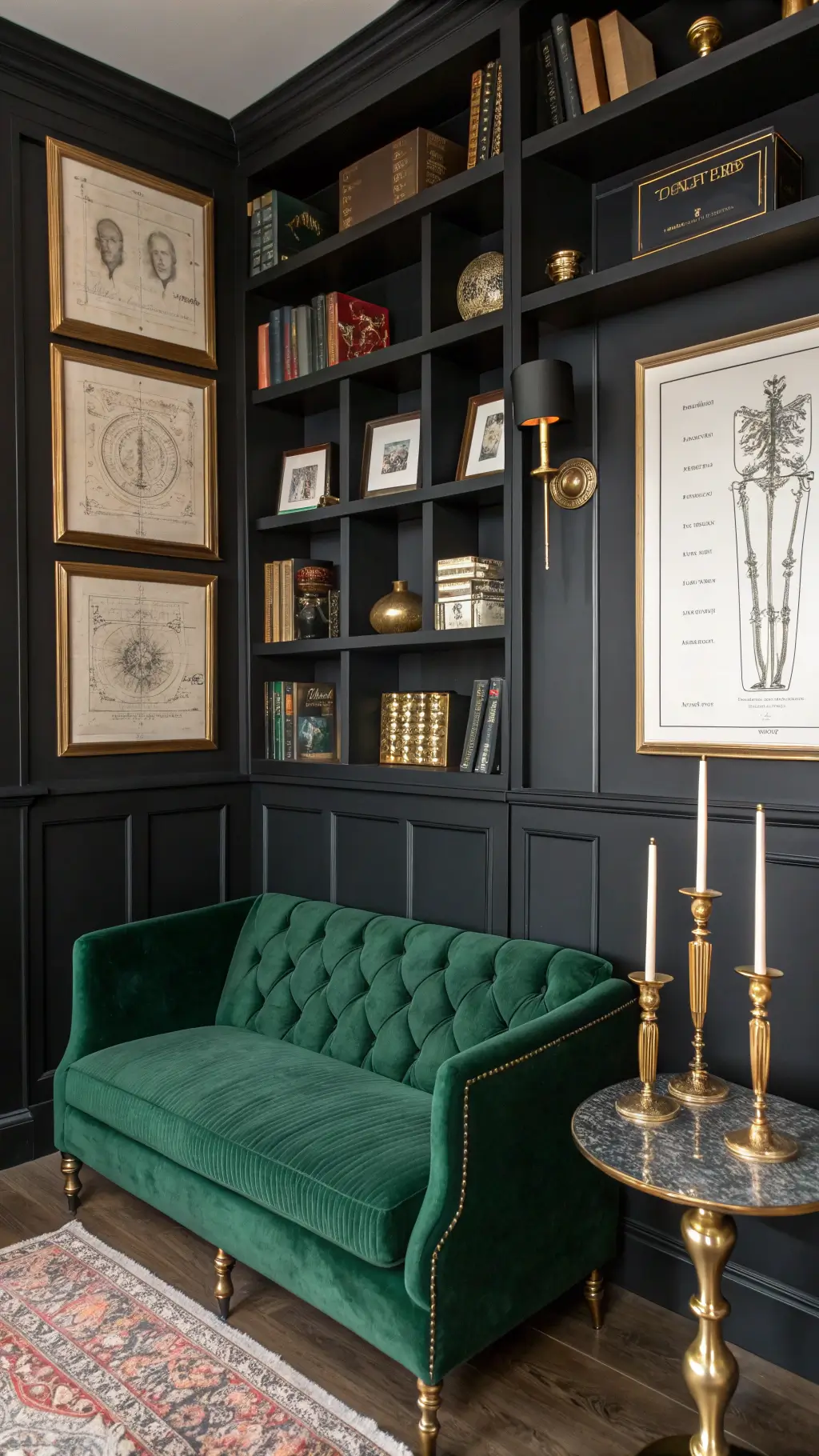 A gothic-style study corner with black built-in shelving, emerald green velvet settee, vintage anatomical charts in brass frames, and a marble-topped side table with brass candlesticks.