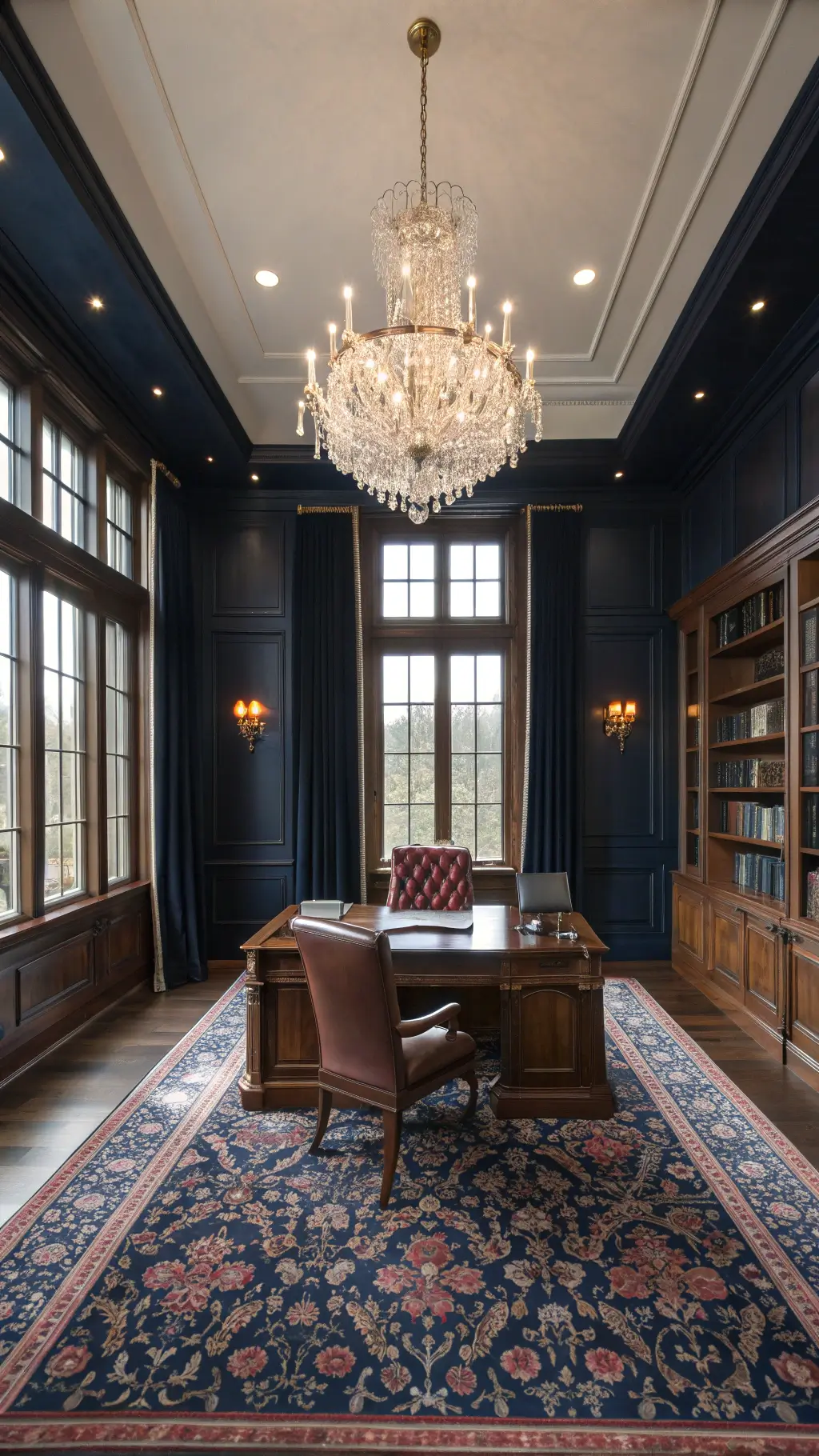 Overhead view of a sophisticated 15x18ft academic's writing room with navy grasscloth walls, antique desk under a crystal chandelier, matching leather chairs, floor-to-ceiling windows with damask drapes, oriental carpet, and built-in bookcases with glass doors.