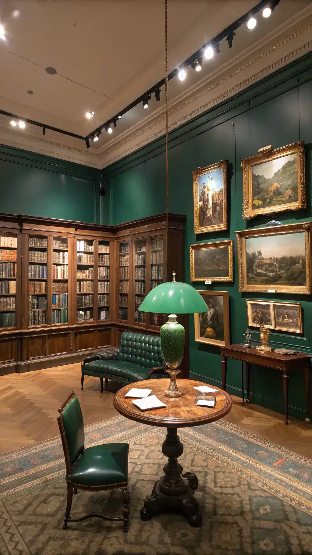 Antiquarian's collection room with hunter green walls, floor-to-ceiling display cases filled with leather-bound books, a central round table with a green banker's lamp, gilt-framed oil paintings, and leather club chairs, highlighted with dramatic spotlighting.