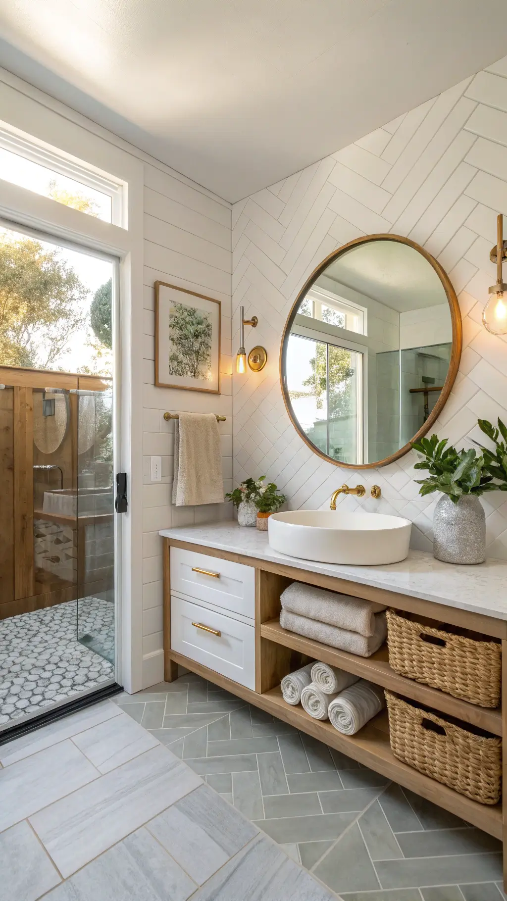 Sunny 5x8ft bathroom at golden hour highlighting round brass mirror, floating marble vanity with cream and sage ceramic vessels, oak shelves with Turkish towels, herringbone floor and glass shower enclosure in warm grey, cream, sage, brass, white palette.