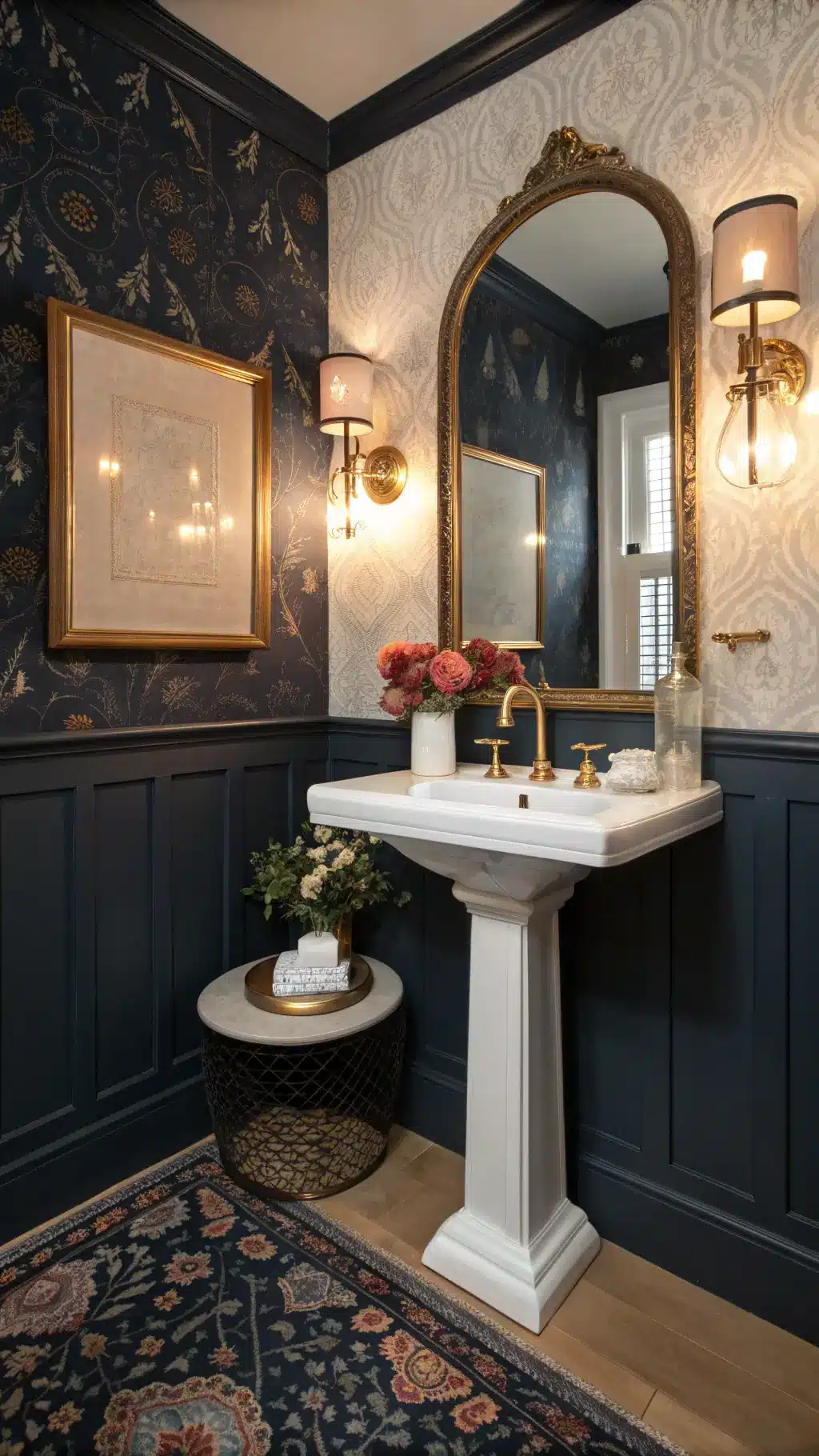 Dramatic dusk shot of an intimate powder room with navy grasscloth wallpaper, floating brass-framed mirror, white pedestal sink with black marble tray, amber glass accessories, brass sconces, and vintage Persian runner in a luxe, moody atmosphere.