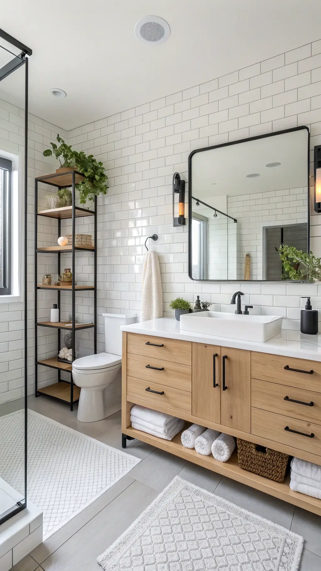 Bright minimalist 7x8ft bathroom with floor-to-ceiling white subway tiles, bleached oak vanity with white quartz top, oversized mirror, modern black sconces, and open shelving displaying white towels.