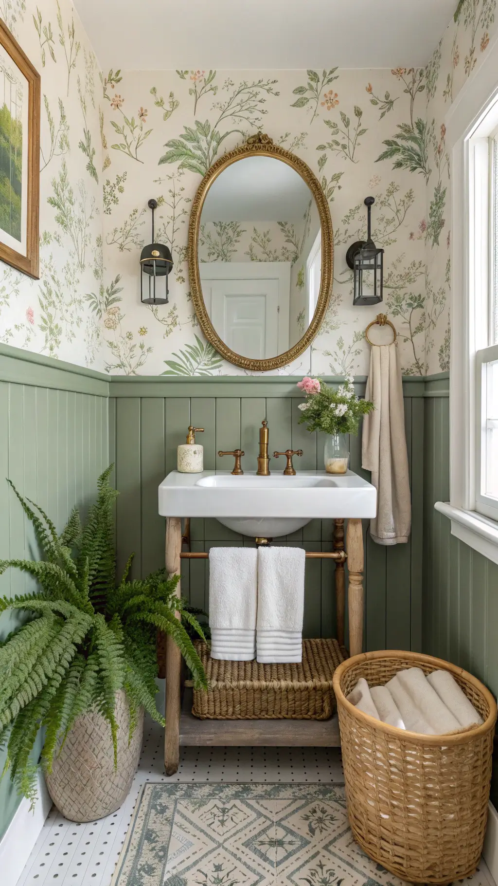 Vintage botanical bathroom with sage green paneling, floral wallpaper, antique brass mirror and marble hexagon floor tiles, decorated with potted ferns and a basket of ivory towels