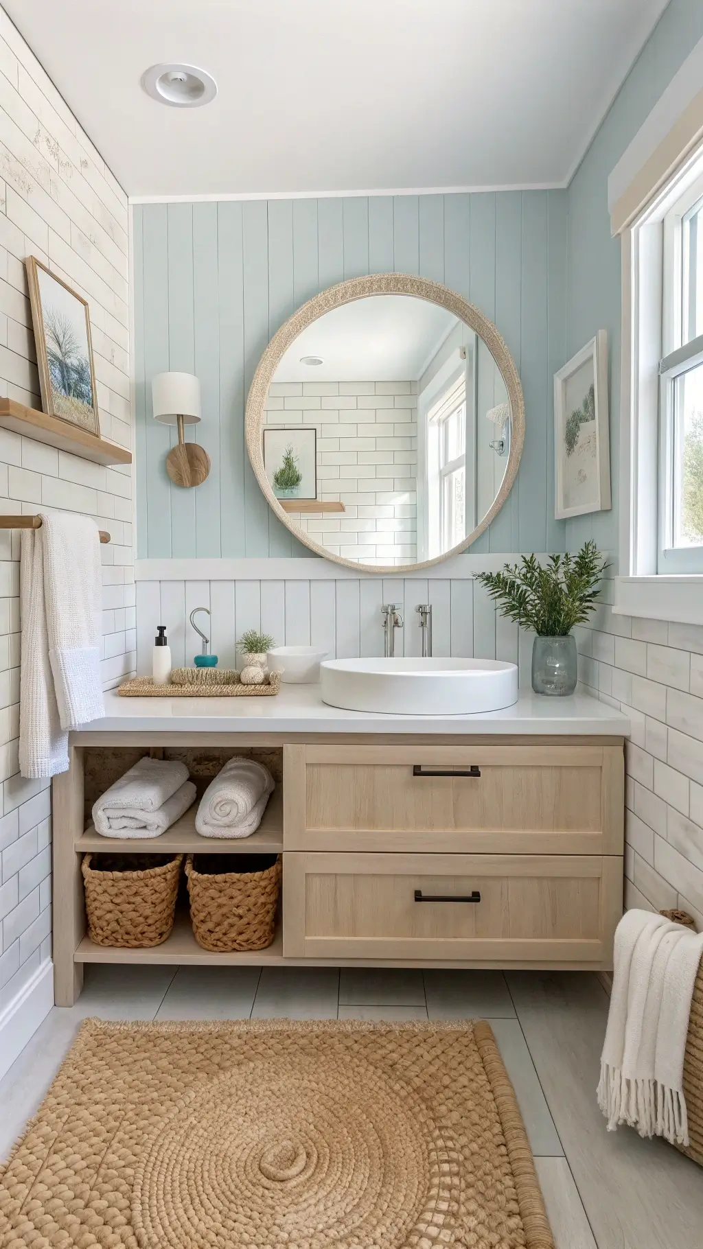 Modern coastal bathroom with white tiles, blue walls, white oak vanity, circular rattan mirror, and nature-inspired decor in niches