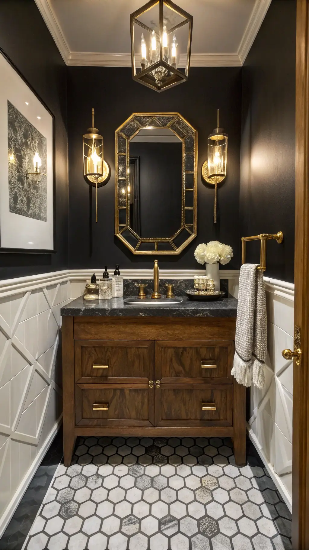 Art deco powder room with black and white marble hexagon floor tiles, black accent wall, gold-framed geometric mirror, brass sconces, dark walnut floating vanity and styled crystal decanters on brass tray, under dramatic evening uplighting.
