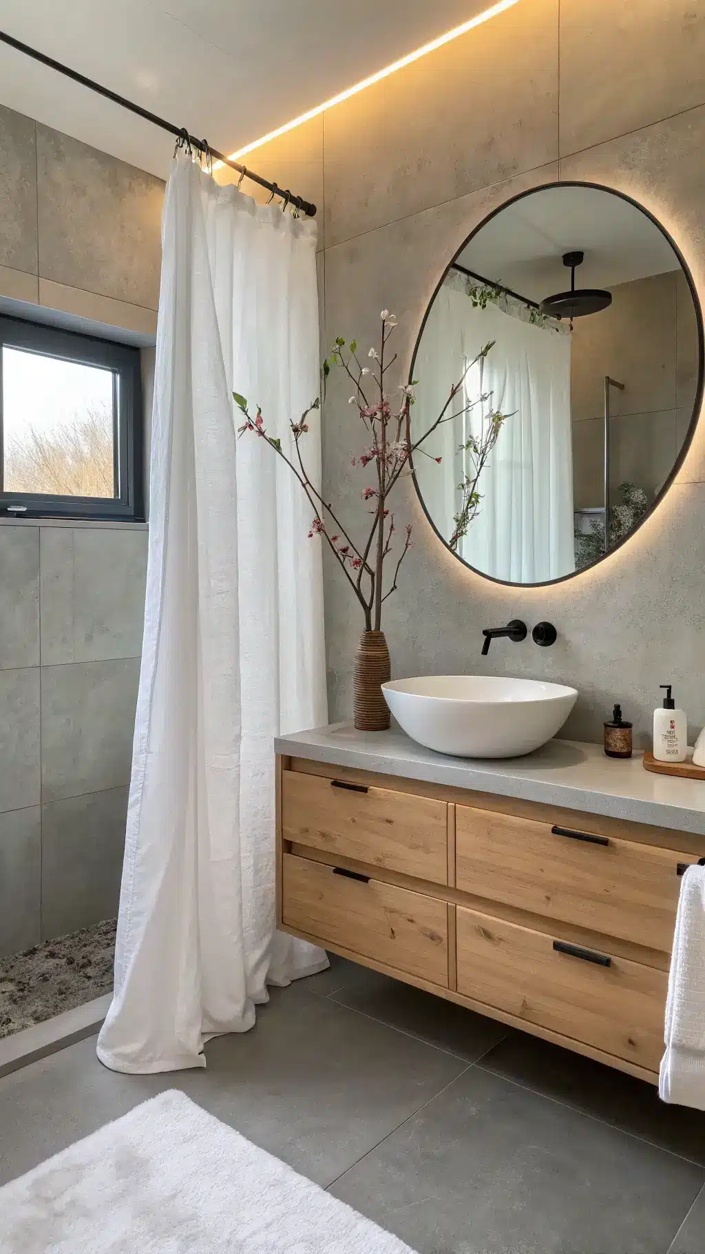 Scandinavian zen-inspired 7x7 foot bathroom with pale grey microcement surfaces, white ceramic sink on a floating pale ash vanity, circular mirror with LED lighting, and white linen shower curtain, accentuated by a branch of cherry blossoms in a tall vase