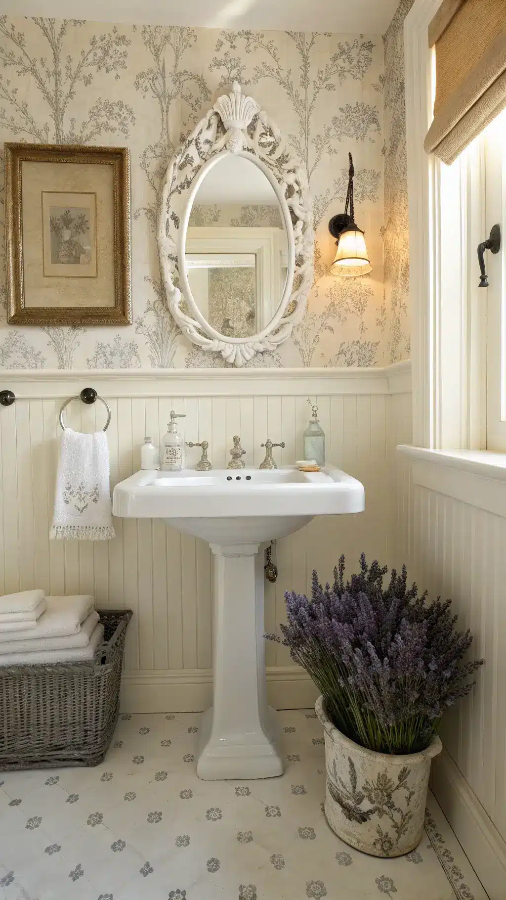 Vintage French country bathroom with warm white beadboard walls, toile wallpaper, ornate wood mirror, and lavender adornments
