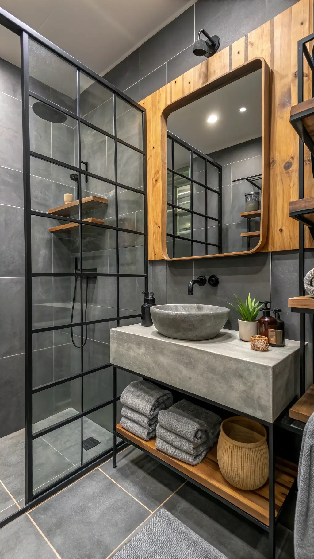 Industrial modern bathroom featuring floating concrete vanity, grey cement tiles accent wall, black metal framed mirror and shower enclosure, and reclaimed wood shelves displaying grey towels and concrete vessels.