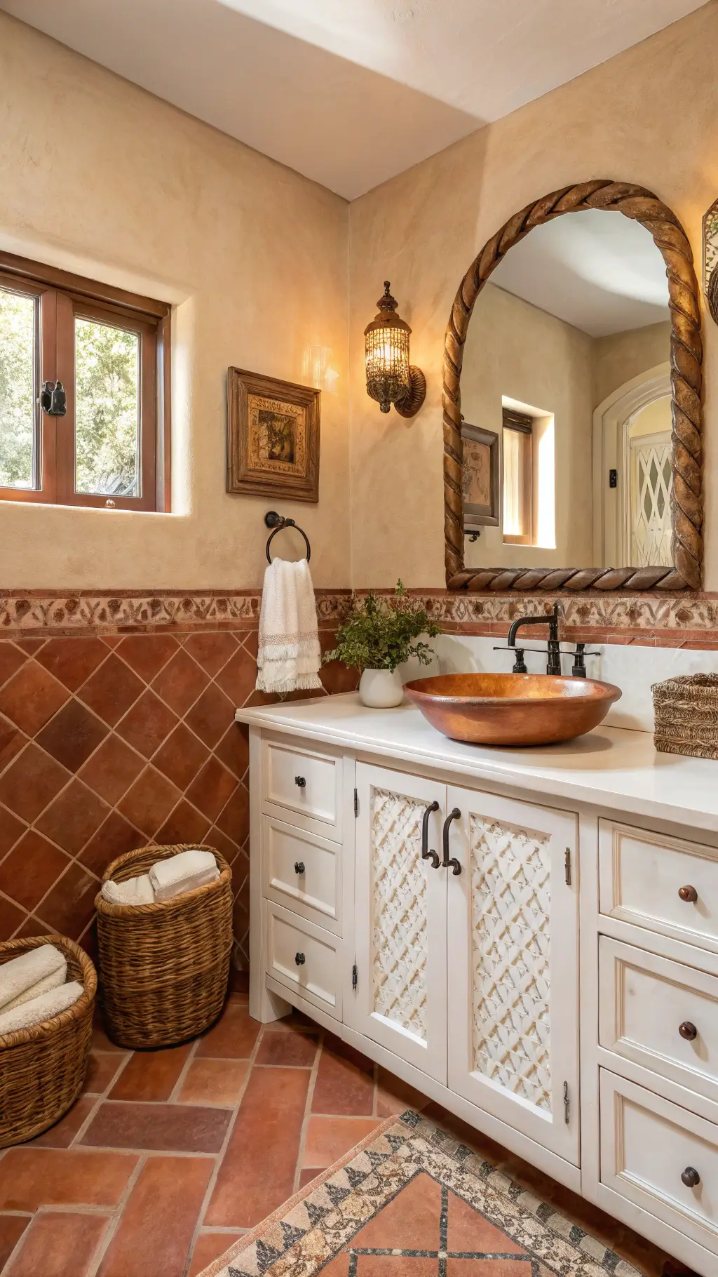 Mediterranean spa-inspired 7x8ft bathroom with terra cotta tiles, white oak vanity, copper vessel sink, aged brass fixtures, arched mirror with hand-carved frame, and woven market baskets in warm afternoon light.