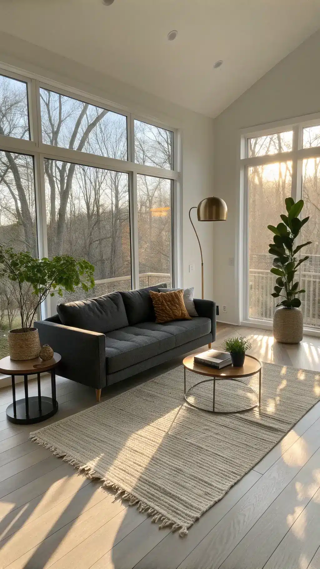 Sunny, spacious living room with minimalistic decor including a charcoal sofa, brass floor lamp, ceramic vessels on a concrete coffee table, and a potted fiddle leaf fig, emphasizing clean lines and serenity.