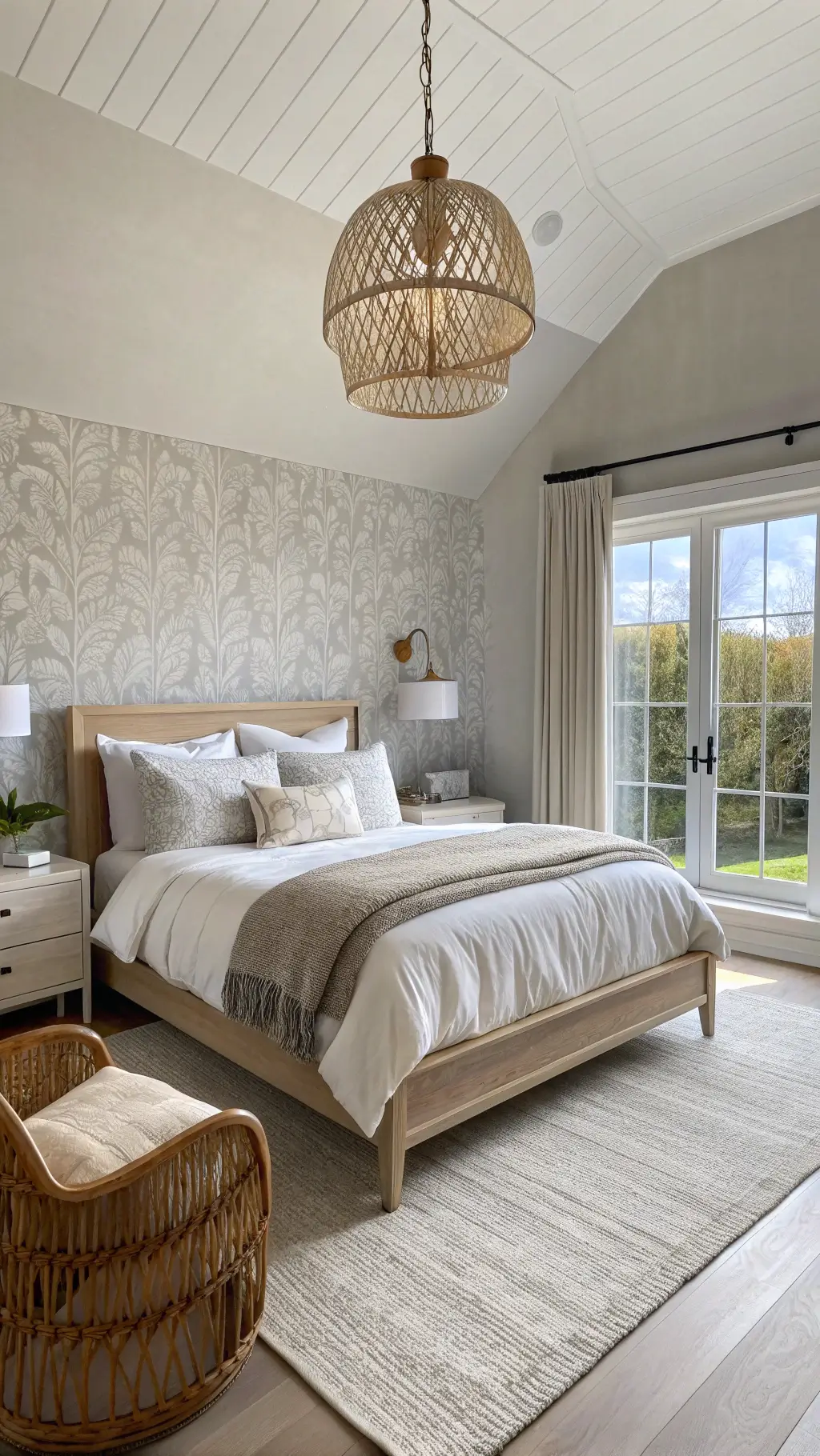 Dreamy and tranquil master bedroom with a bleached oak platform bed, white linen bedding, oatmeal chunky knit throw, and a rattan chair with a cashmere throw, accented by bamboo pendant light and pale grey grasscloth wallpaper, captured at dawn in an ethereal morning light.