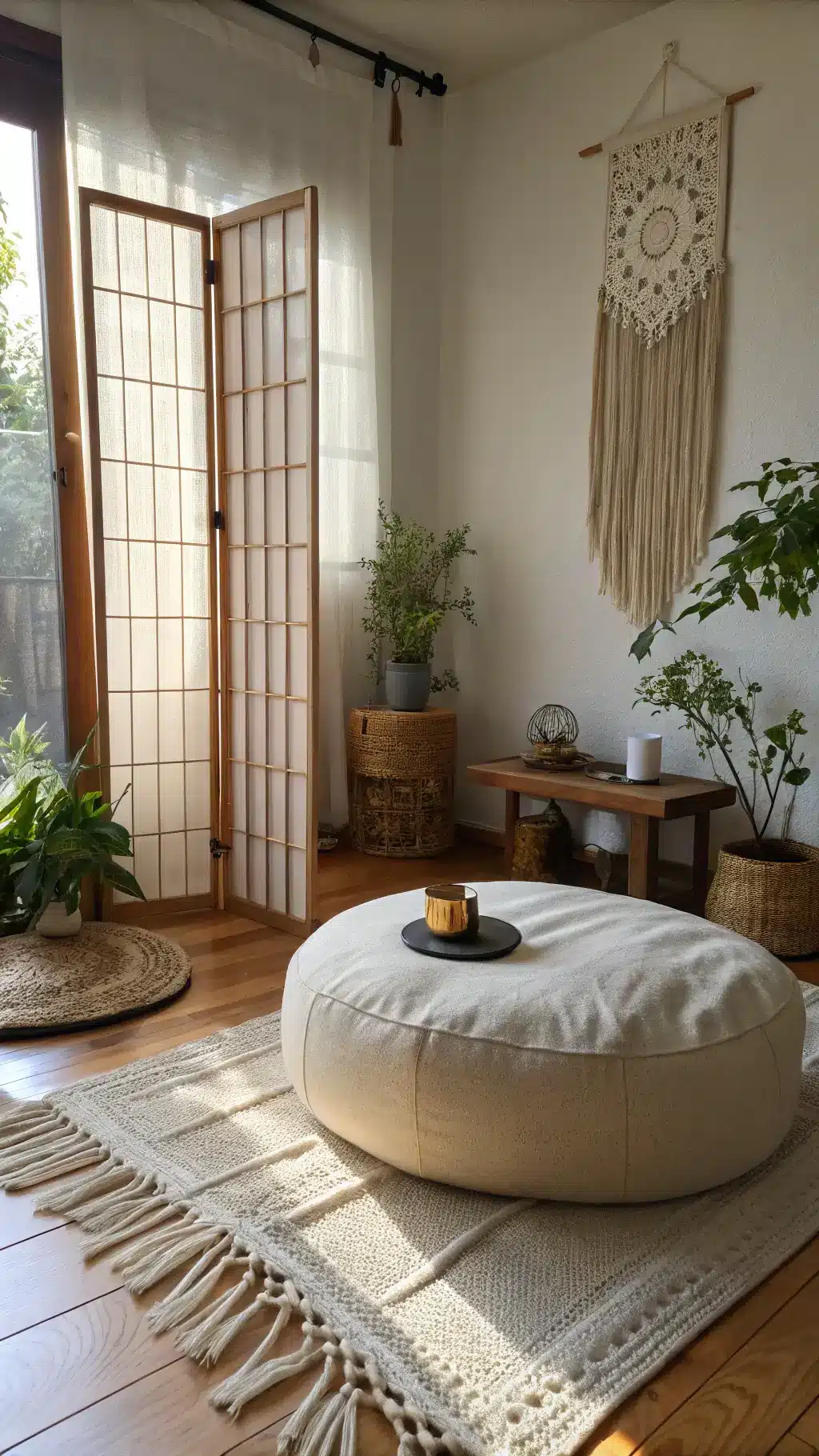 Meditation corner in a home office with afternoon light filtering through Shoji screen onto a round linen cushion, wooden table with brass incense holder and river stone, surrounded by trailing plants in macrame hangers