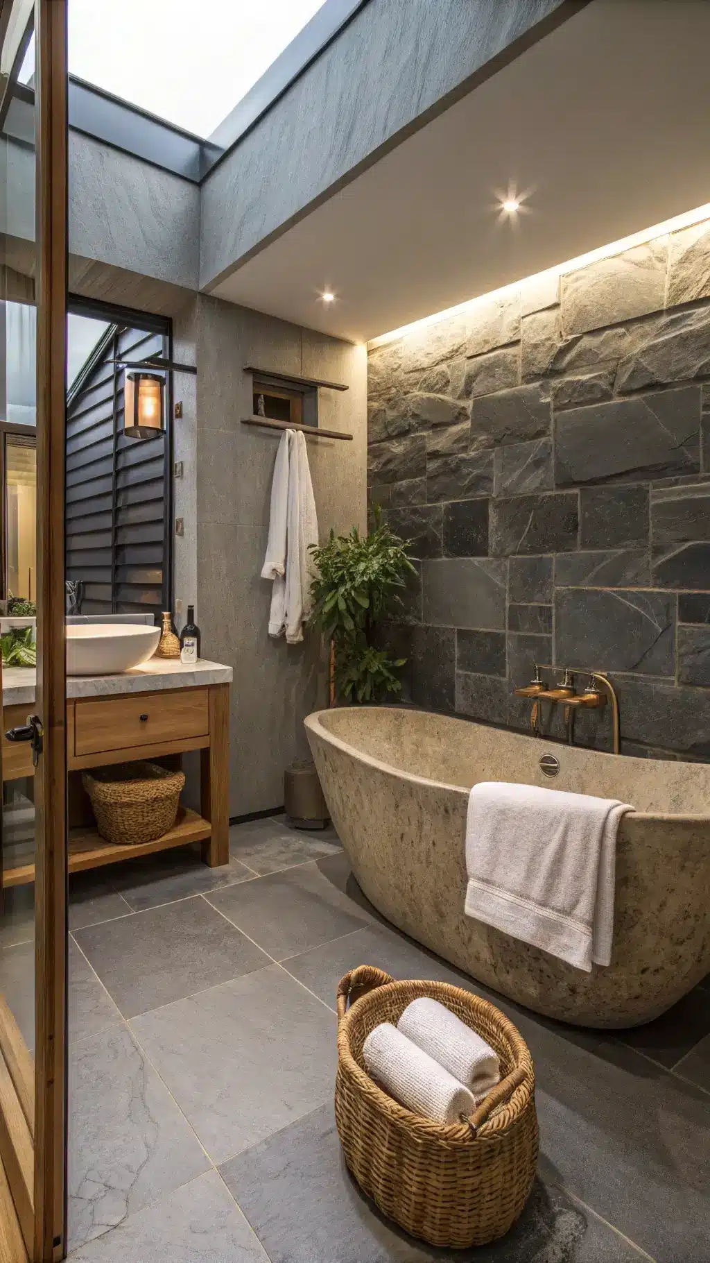 Twilight-hued modern bathroom featuring stone soaking tub, floating vanity with vessel sink in bleached oak, woven basket with white towels, and an teak bath caddy with artisanal soap against a slate tile wall.