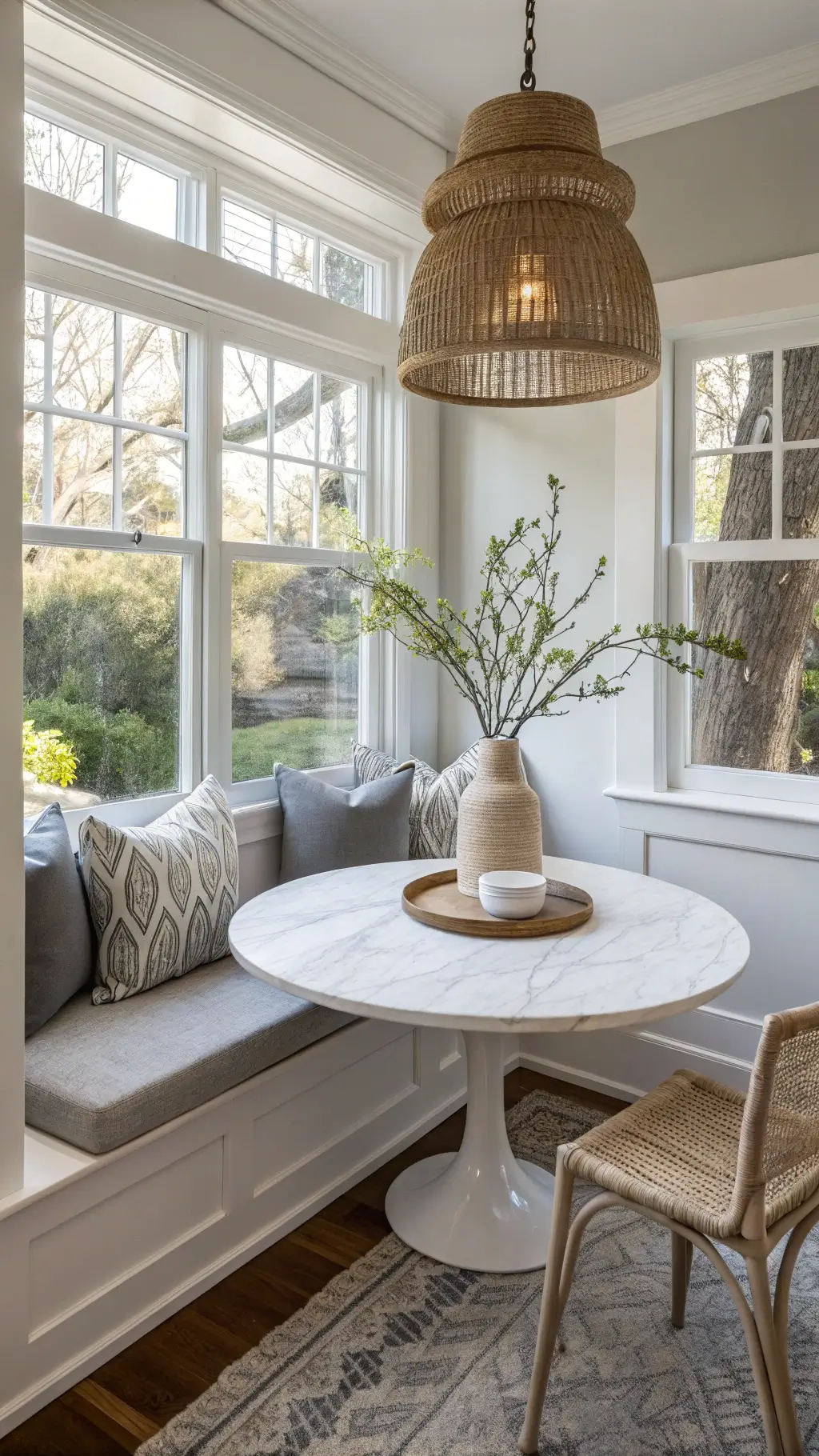 Fresh and airy kitchen nook with grey linen cushioned bench, round marble table textured with handwoven runner, rattan pendant lamp, bay window and single branch in a ceramic vase, shot from corner angle in natural and pendant light.