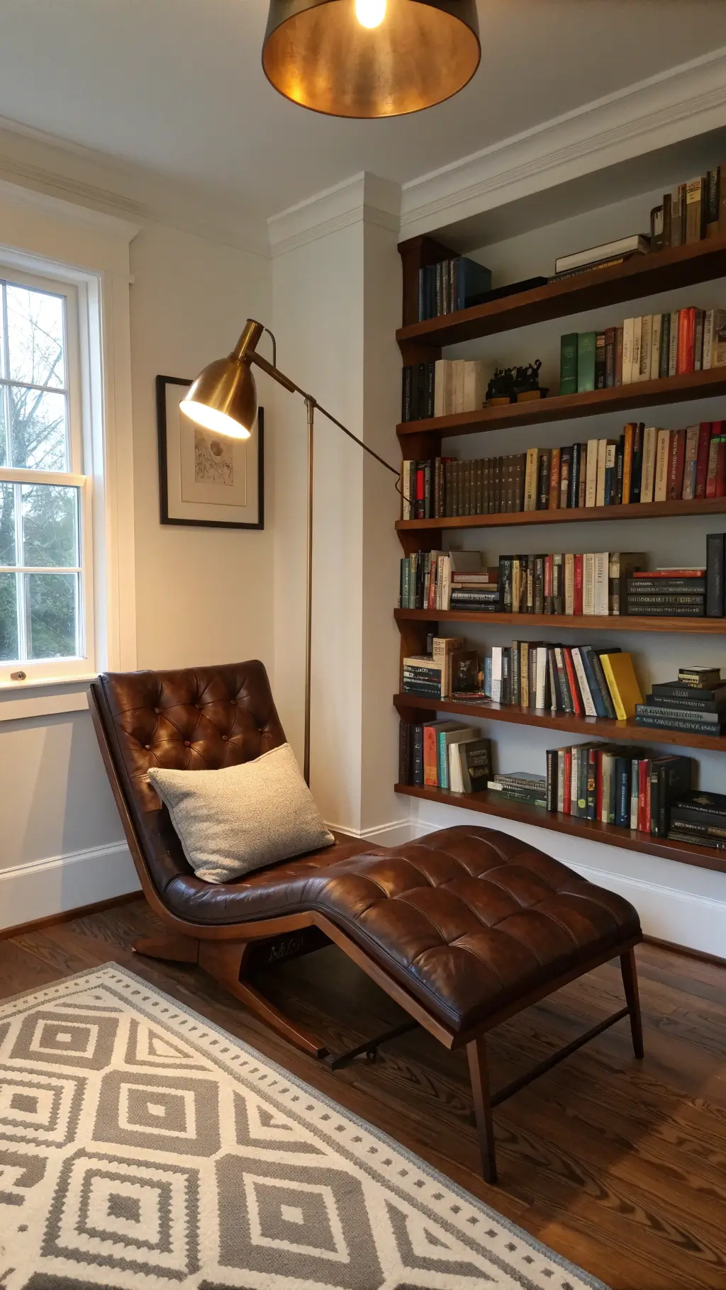 Cozy home library corner with leather chair, walnut shelves, brass floor lamp and stacked art books on a minimalist side table in warm afternoon light