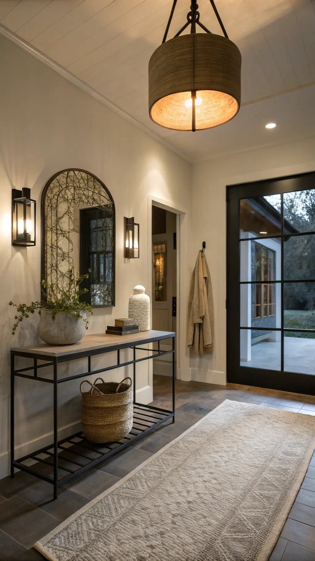 Dramatic entry foyer at dusk featuring minimalist blackened steel console with oversized ceramic vessel, large mirror reflecting pendant light, brass hooks holding a linen coat and a natural fiber runner leading through the space